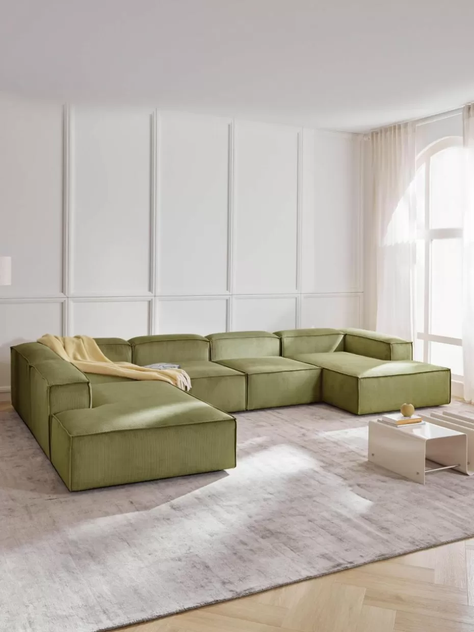 Sofas | Sofaserien-Westwing Collection Modulare Wohnlandschaft Lennon aus Cord Cord Dunkelgrün