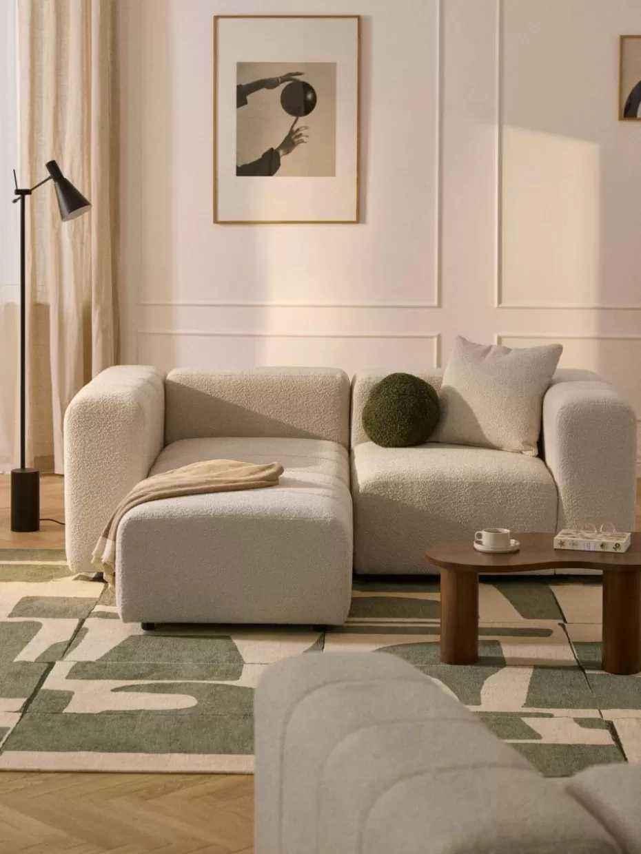 Sofaserien-Westwing Collection Modulares Bouclé-Sofa Lena (3-Sitzer) mit Hocker (links/rechts) Bouclé Hellbeige