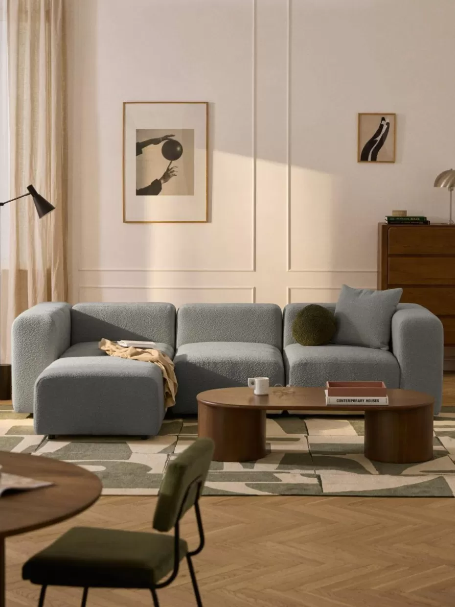 Sofaserien-Westwing Collection Modulares Bouclé-Sofa Lena (4-Sitzer) mit Hocker (links/rechts) Bouclé Grau