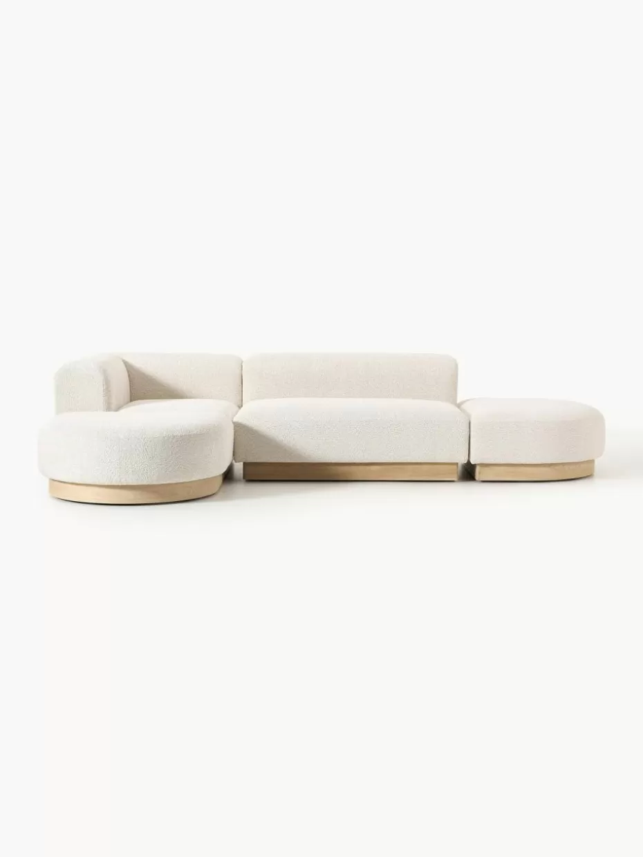 Sofas-Westwing Collection Modulares Ecksofa Natalie aus Teddy-Bouclé Teddy-Bouclé Off White, helles Buchenholz