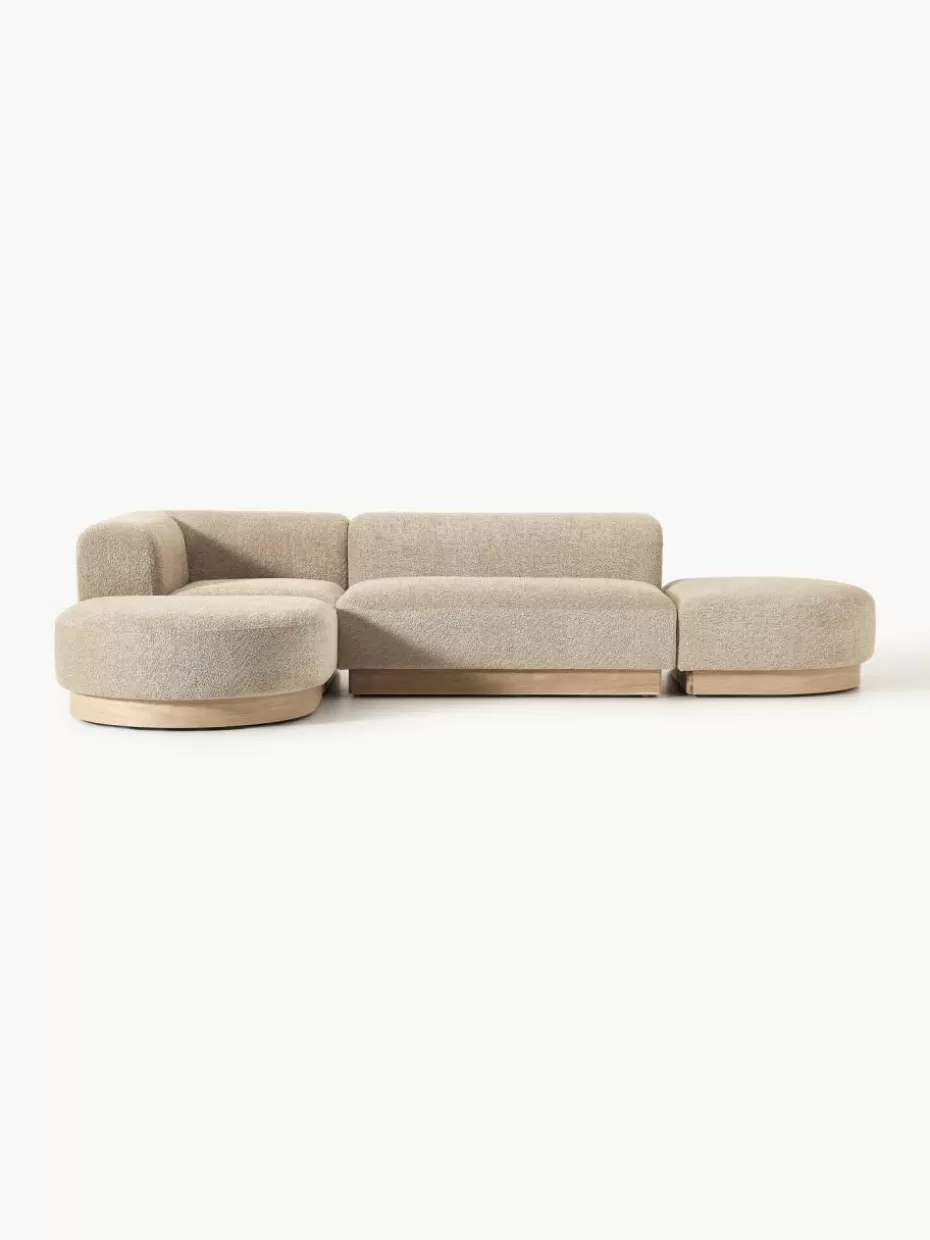 Sofas-Westwing Collection Modulares Ecksofa Natalie aus Teddy-Bouclé Teddy-Bouclé Beige, helles Buchenholz