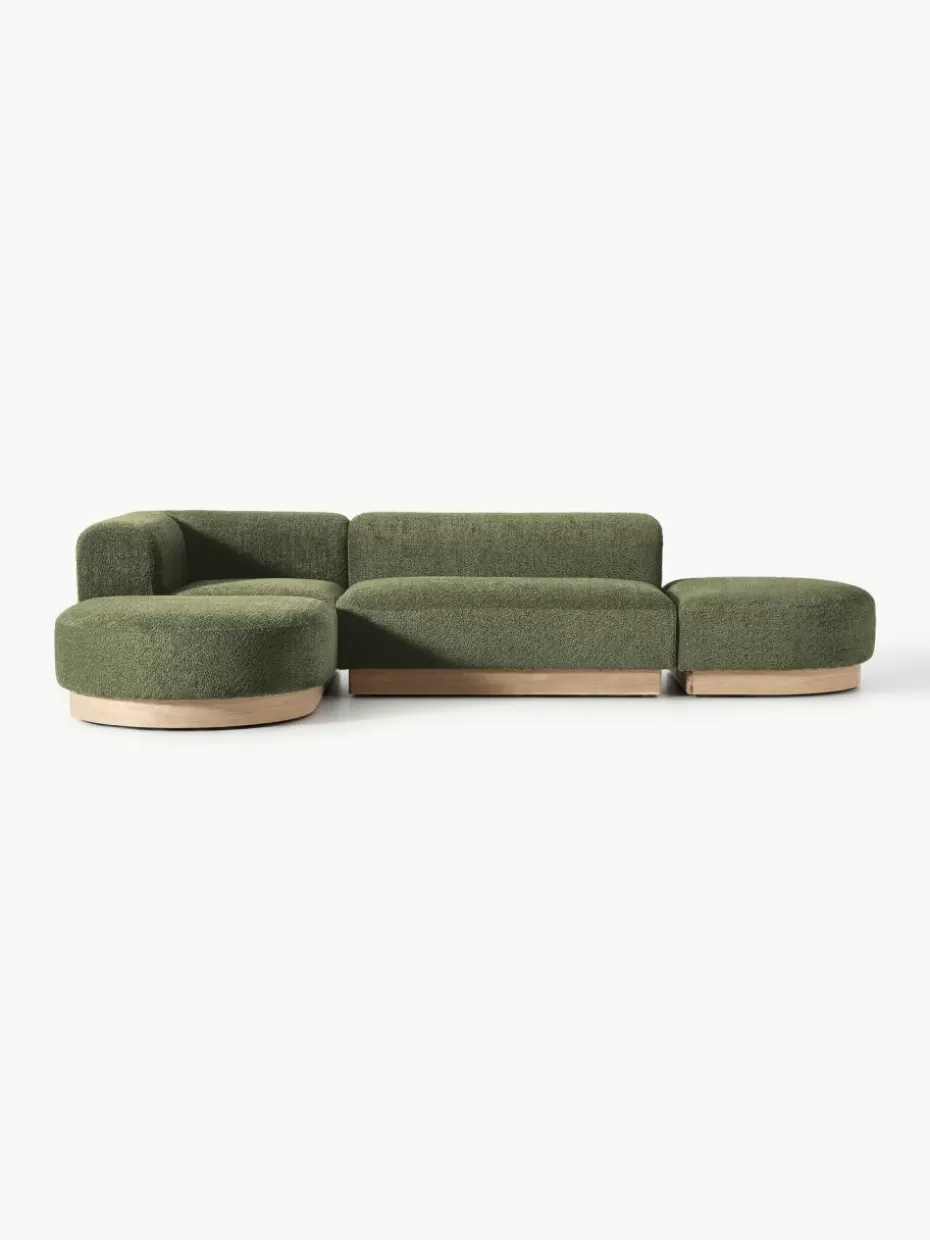 Sofas-Westwing Collection Modulares Ecksofa Natalie aus Teddy-Bouclé Teddy-Bouclé Dunkelgrün, helles Buchenholz