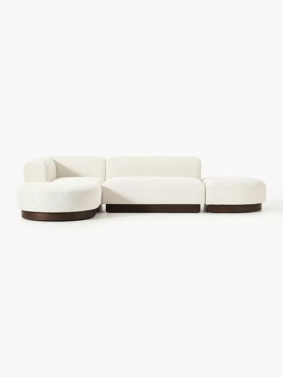 Sofas-Westwing Collection Modulares Ecksofa Natalie aus Teddy-Bouclé Teddy-Bouclé Off White, dunkles Buchenholz