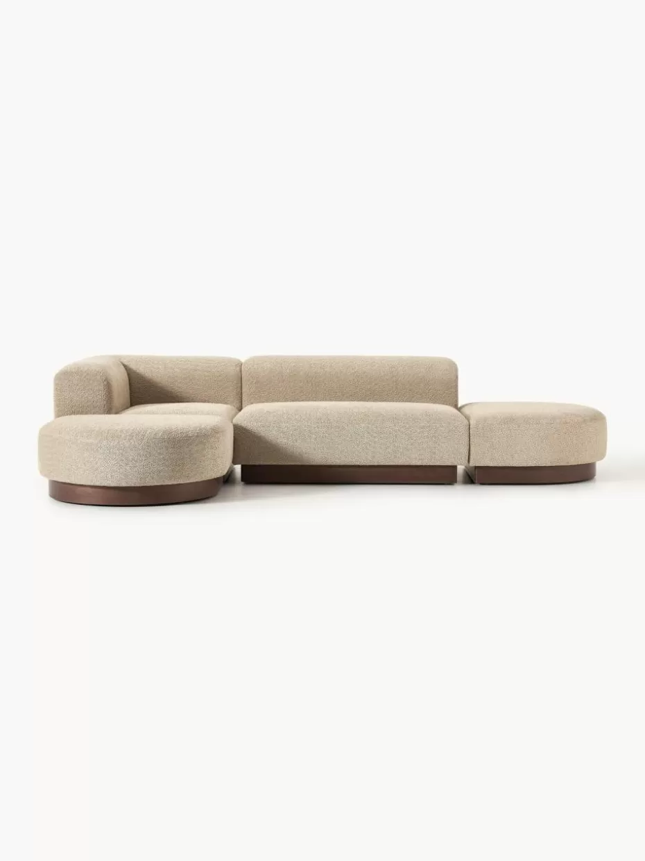 Sofas-Westwing Collection Modulares Ecksofa Natalie aus Teddy-Bouclé Teddy-Bouclé Beige, dunkles Buchenholz