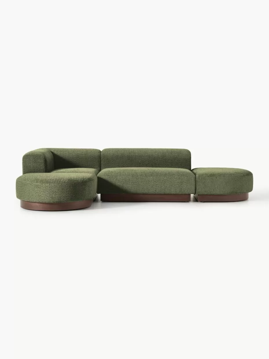 Sofas-Westwing Collection Modulares Ecksofa Natalie aus Teddy-Bouclé Teddy-Bouclé Dunkelgrün, dunkles Buchenholz