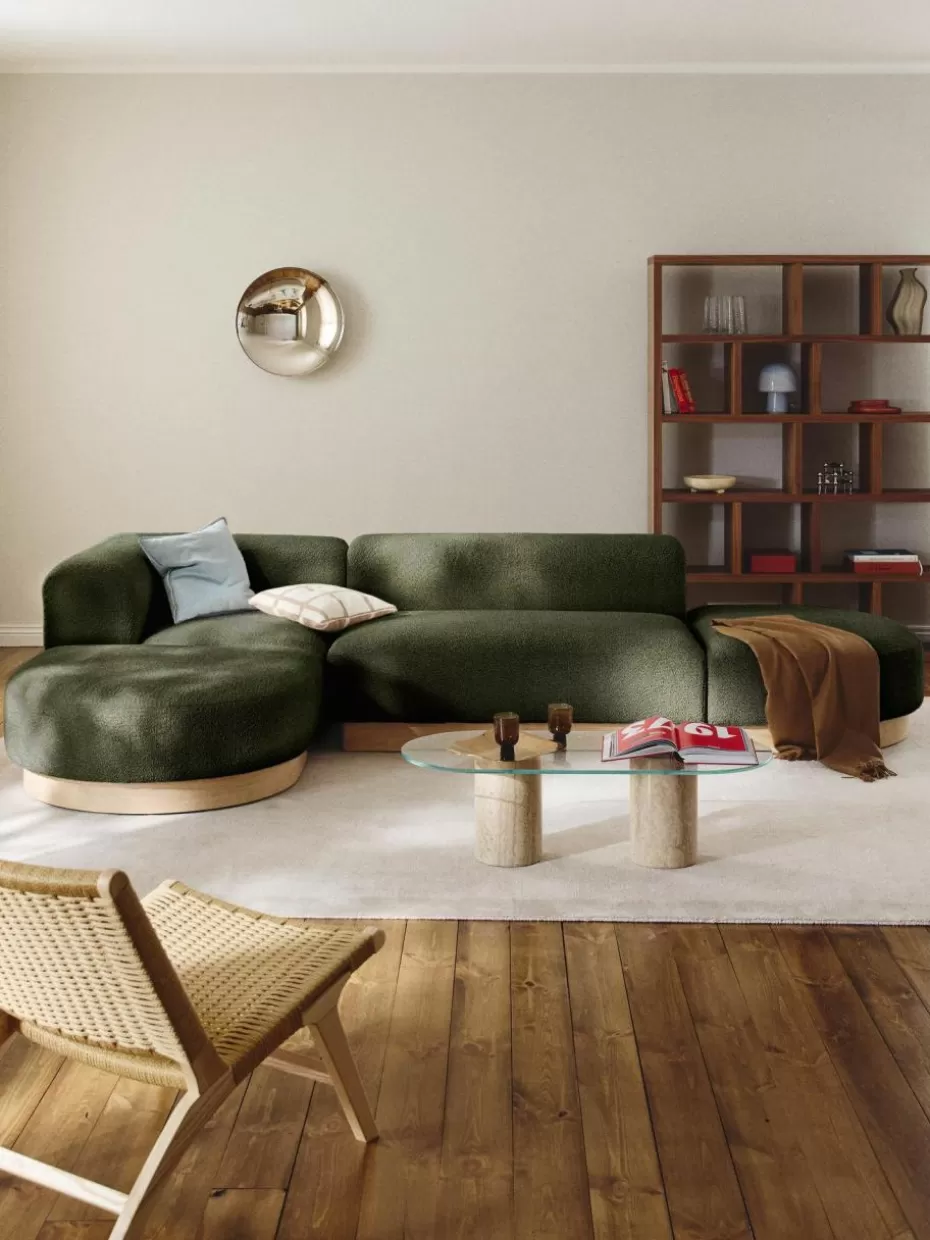 Sofas-Westwing Collection Modulares Ecksofa Natalie aus Teddy-Bouclé Teddy-Bouclé Dunkelgrün, helles Buchenholz