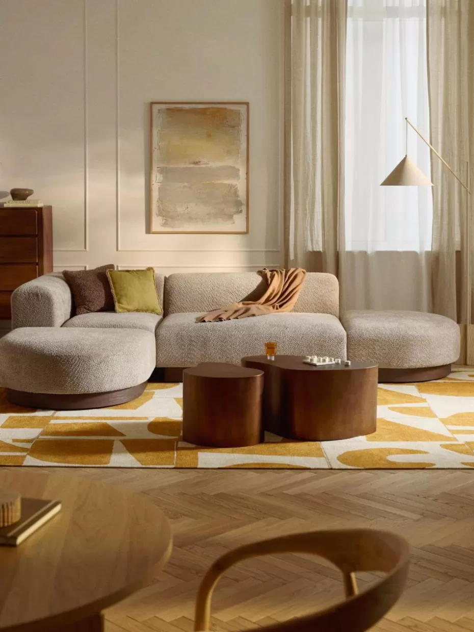 Sofas-Westwing Collection Modulares Ecksofa Natalie aus Teddy-Bouclé Teddy-Bouclé Beige, dunkles Buchenholz