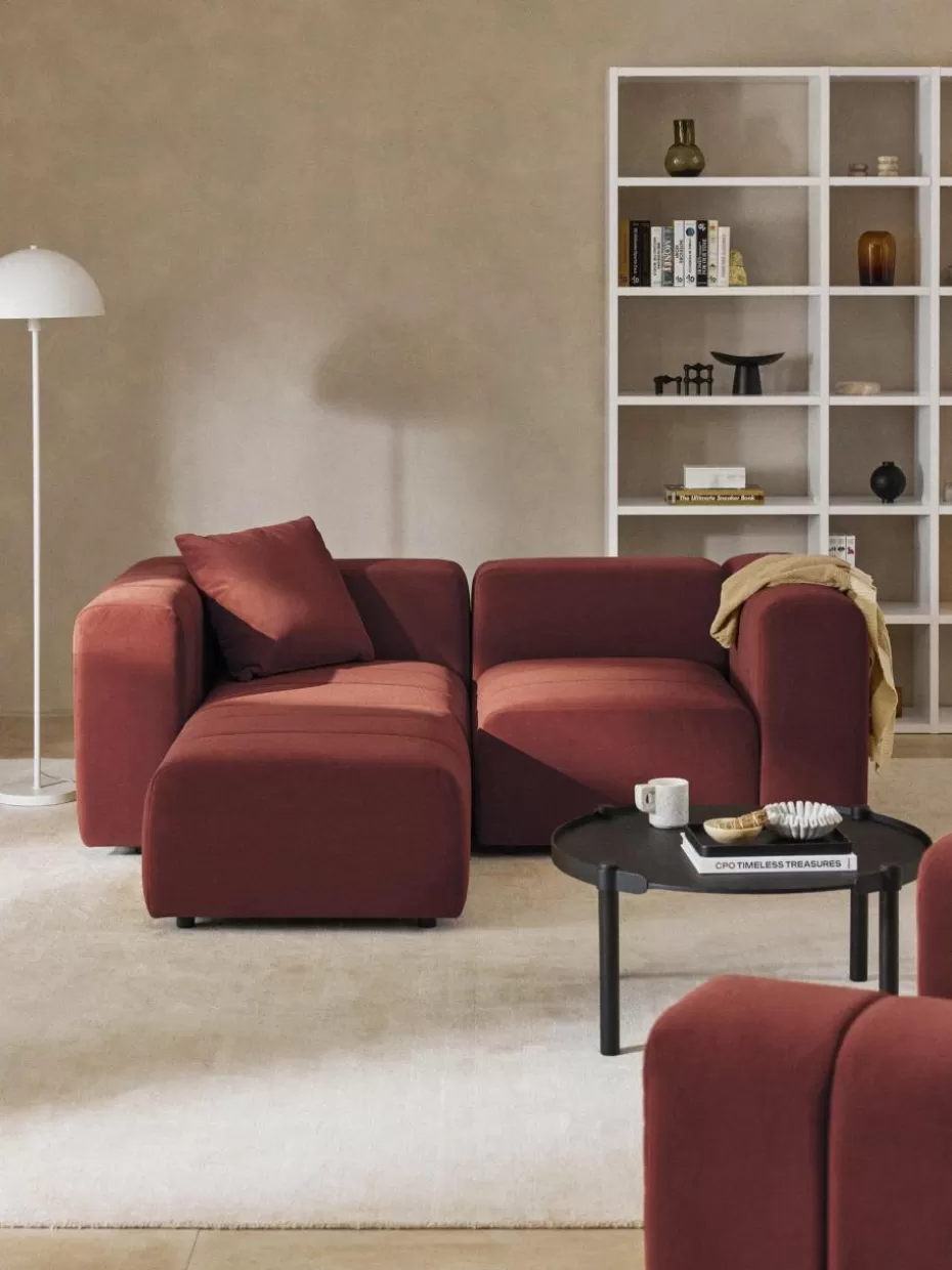 Sofaserien-Westwing Collection Modulares Samt-Sofa Lena (3-Sitzer) mit Hocker (links/rechts) Samt Weinrot