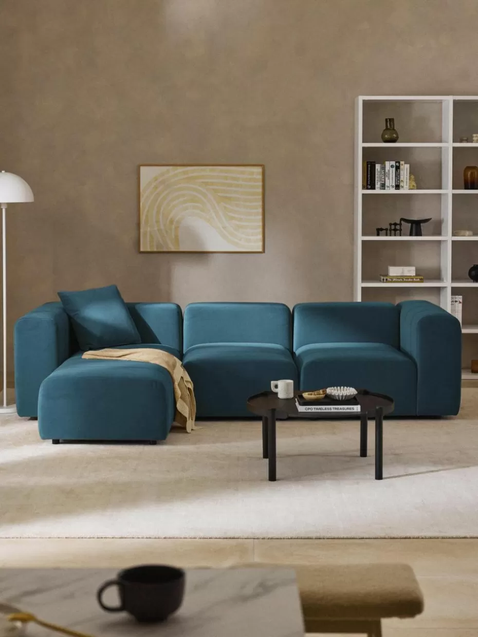 Sofaserien-Westwing Collection Modulares Samt-Sofa Lena (4-Sitzer) mit Hocker (links/rechts) Samt Petrol