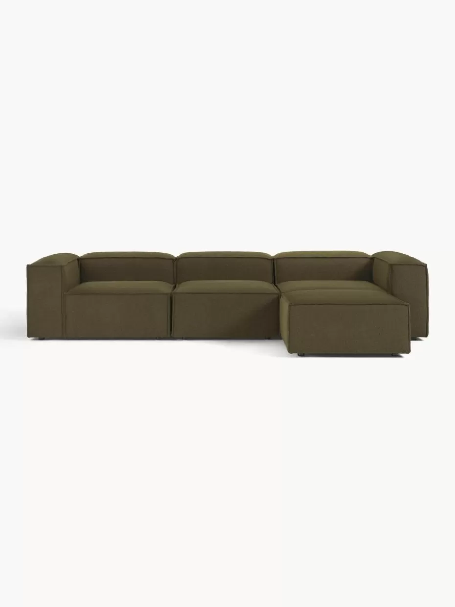 Sofas | Sofaserien-Westwing Collection Modulares Sofa Lennon (4-Sitzer) aus Bouclé mit Hocker (links/rechts) Bouclé Olivgrün