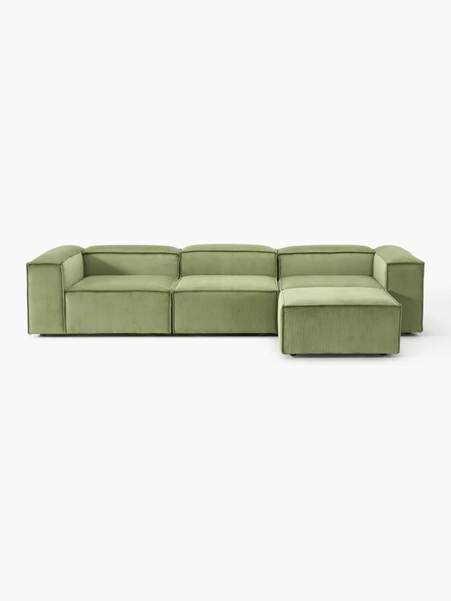 Sofas | Sofaserien-Westwing Collection Modulares Sofa Lennon (4-Sitzer) aus Cord mit Hocker (links/rechts) Cord Olivgrün