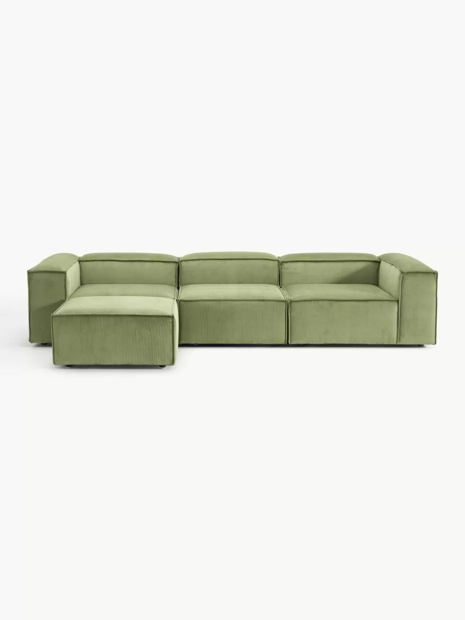 Sofas | Sofaserien-Westwing Collection Modulares Sofa Lennon (4-Sitzer) aus Cord mit Hocker (links/rechts) Cord Olivgrün
