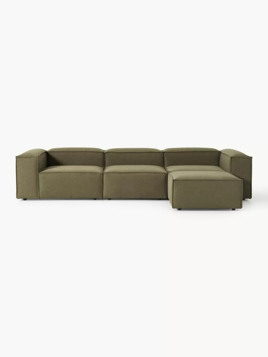 Sofas | Sofaserien-Westwing Collection Modulares Sofa Lennon (4-Sitzer) mit Hocker (links/rechts) Webstoff Olivgrün