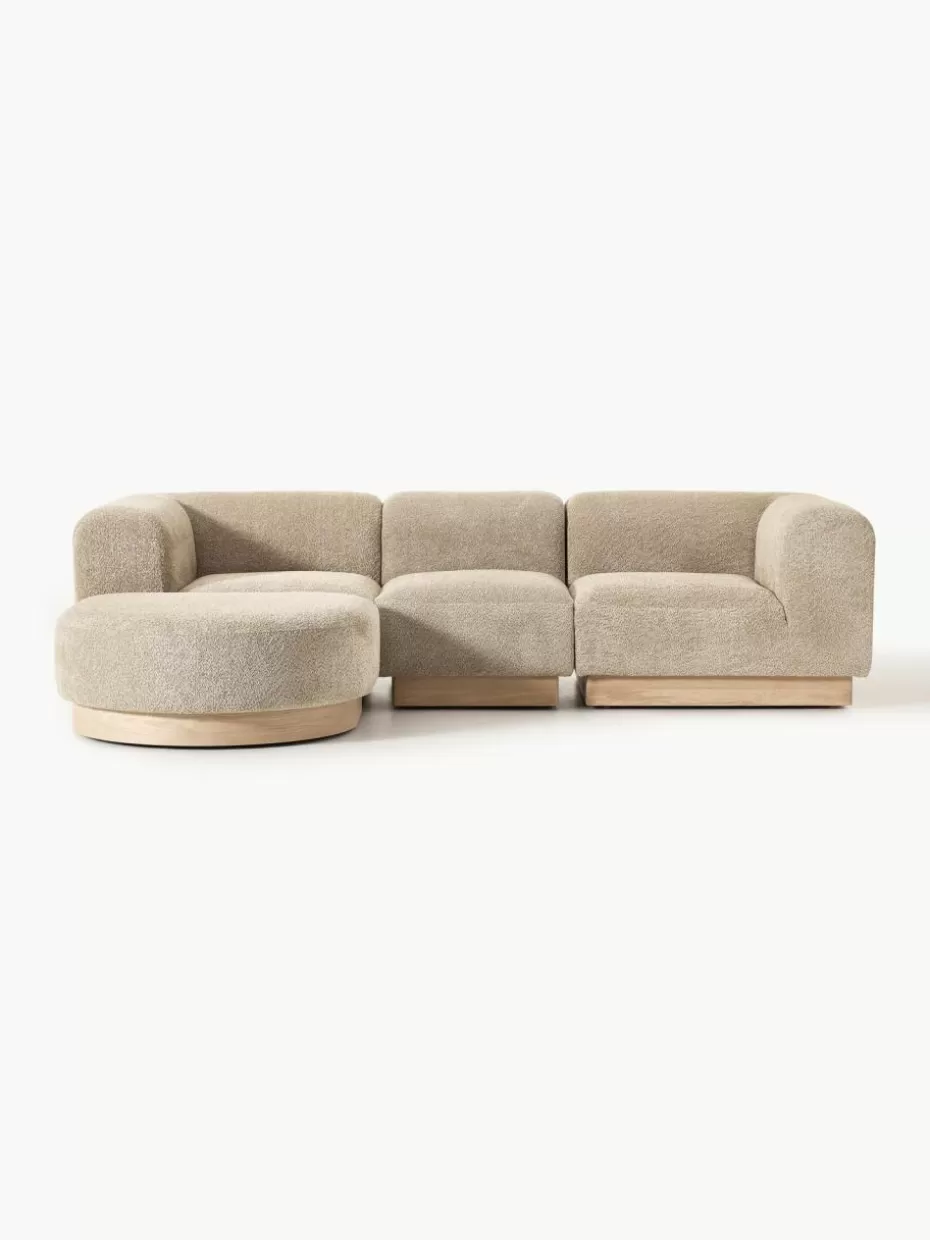 Sofas-Westwing Collection Modulares Sofa Natalie (3-Sitzer) aus Teddy-Bouclé mit Hocker Teddy-Bouclé Beige, helles Buchenholz