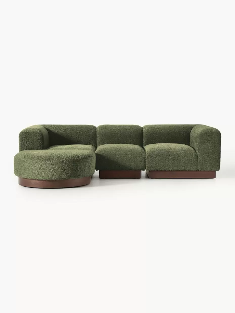 Sofas-Westwing Collection Modulares Sofa Natalie (3-Sitzer) aus Teddy-Bouclé mit Hocker Teddy-Bouclé Dunkelgrün, dunkles Buchenholz