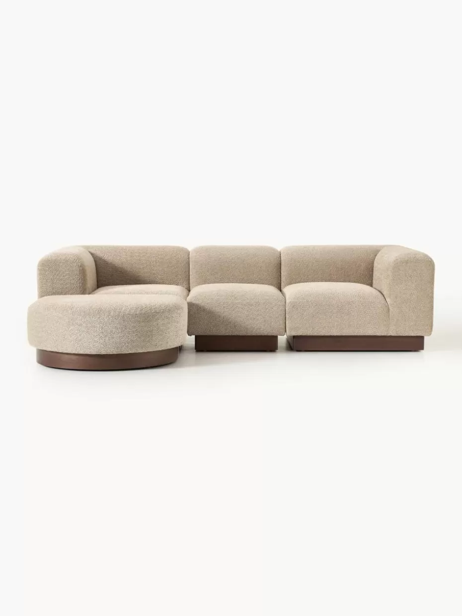 Sofas-Westwing Collection Modulares Sofa Natalie (3-Sitzer) aus Teddy-Bouclé mit Hocker Teddy-Bouclé Beige, dunkles Buchenholz