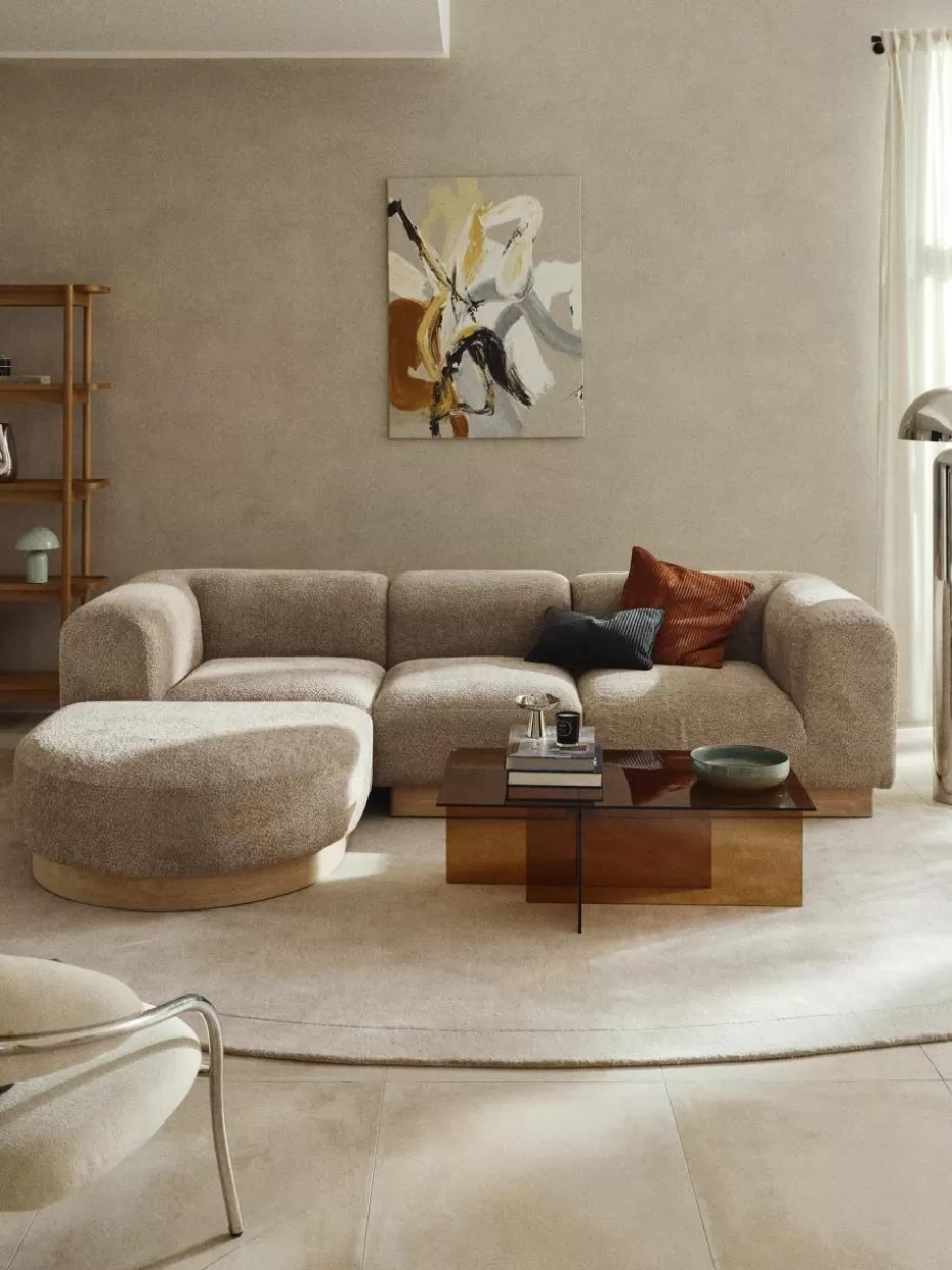 Sofas-Westwing Collection Modulares Sofa Natalie (3-Sitzer) aus Teddy-Bouclé mit Hocker Teddy-Bouclé Beige, helles Buchenholz
