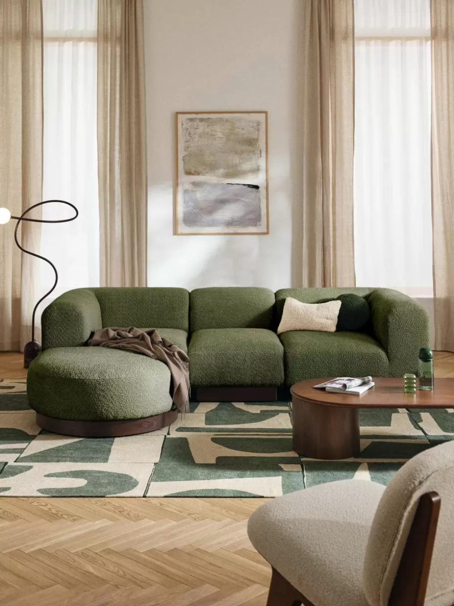 Sofas-Westwing Collection Modulares Sofa Natalie (3-Sitzer) aus Teddy-Bouclé mit Hocker Teddy-Bouclé Dunkelgrün, dunkles Buchenholz