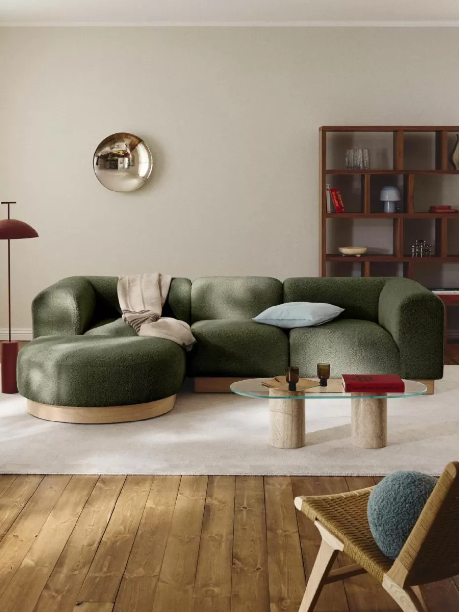 Sofas-Westwing Collection Modulares Sofa Natalie (3-Sitzer) aus Teddy-Bouclé mit Hocker Teddy-Bouclé Dunkelgrün, helles Buchenholz