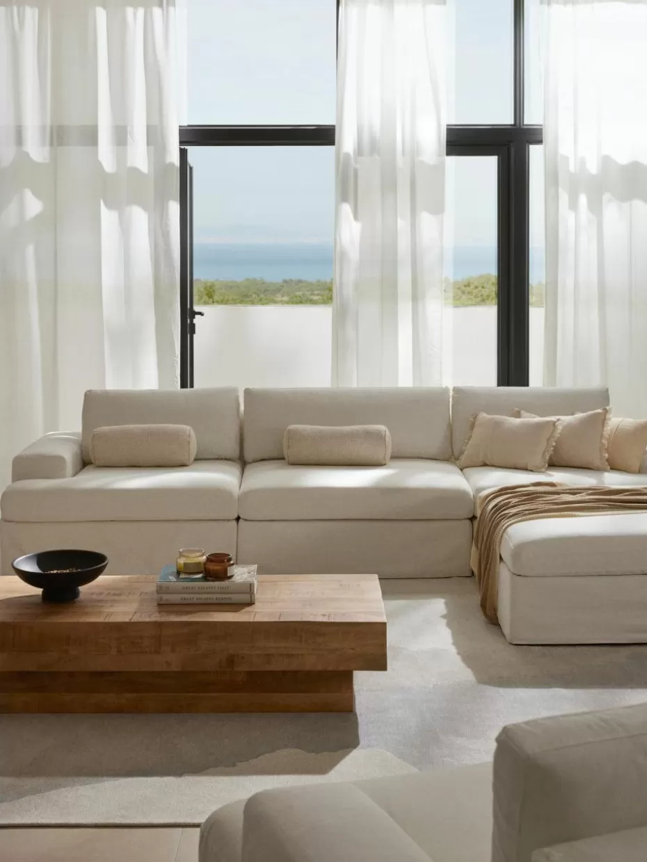 Sofas | Sofaserien-Westwing Collection Modulares Sofa Russell (4-Sitzer) mit Hocker (links/rechts) Webstoff Off White