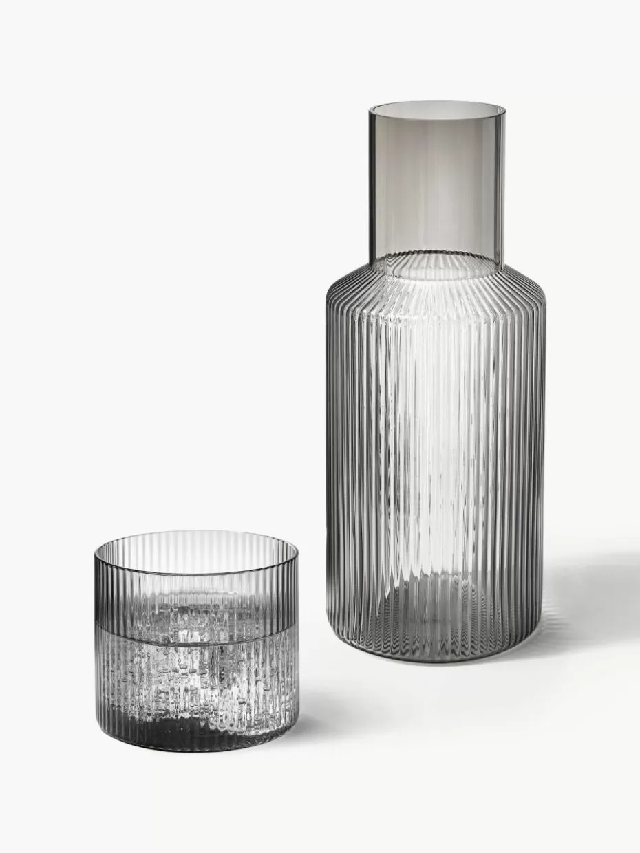 Kannen & Karaffen | Wassergläser-ferm LIVING Mundgeblasene kleine Karaffe Ripple mit Wasserglas, 2er-Set Grau, transparent und glänzend