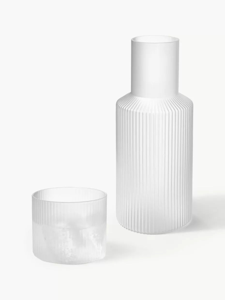 Kannen & Karaffen | Wassergläser-ferm LIVING Mundgeblasene kleine Karaffe Ripple mit Wasserglas, 2er-Set Semi-transparent, matt