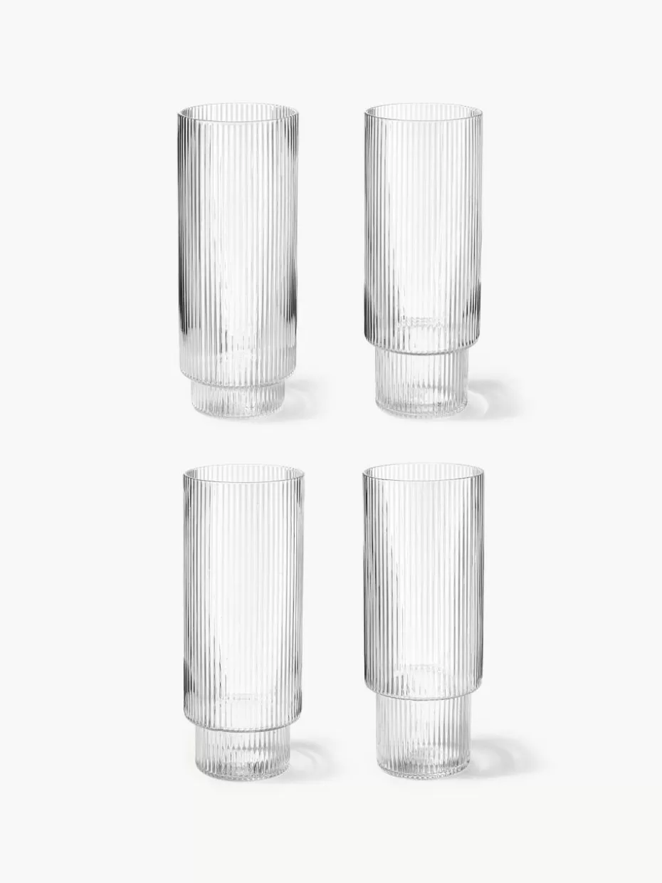 Bargläser | Champagner- & Sektgläser-ferm LIVING Mundgeblasene Longdrinkgläser Ripple mit Rillenrelief, 4er-Set Transparent, glänzend