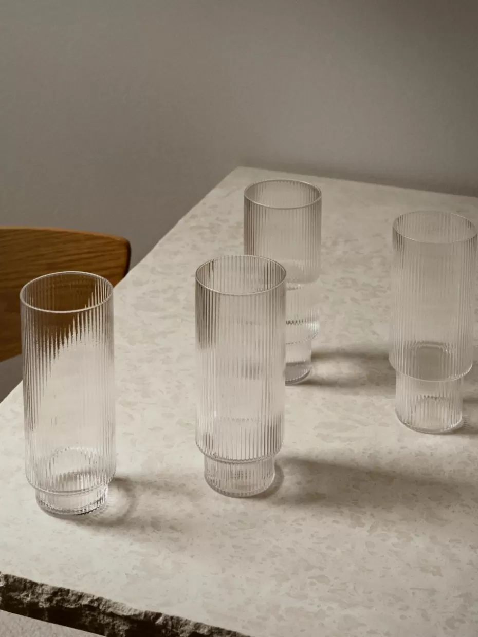 Bargläser | Champagner- & Sektgläser-ferm LIVING Mundgeblasene Longdrinkgläser Ripple mit Rillenrelief, 4er-Set Transparent, glänzend
