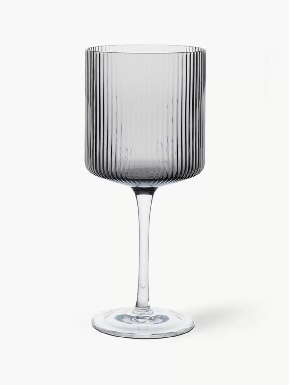 Weingläser-ferm LIVING Mundgeblasene Rotweingläser Ripple mit Rillenrelief, 2 Stück Grau, transparent und glänzend