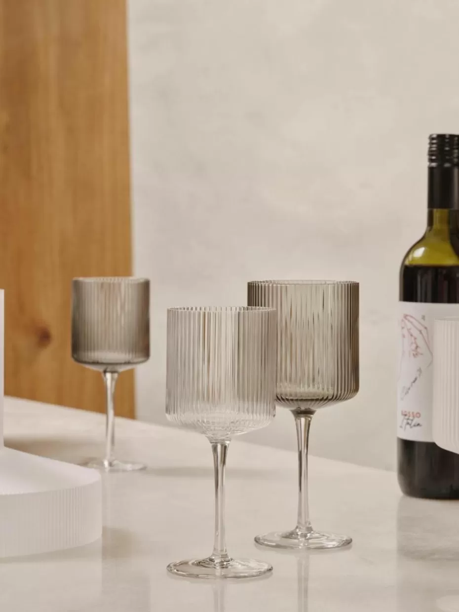 Weingläser-ferm LIVING Mundgeblasene Rotweingläser Ripple mit Rillenrelief, 2 Stück Grau, transparent und glänzend