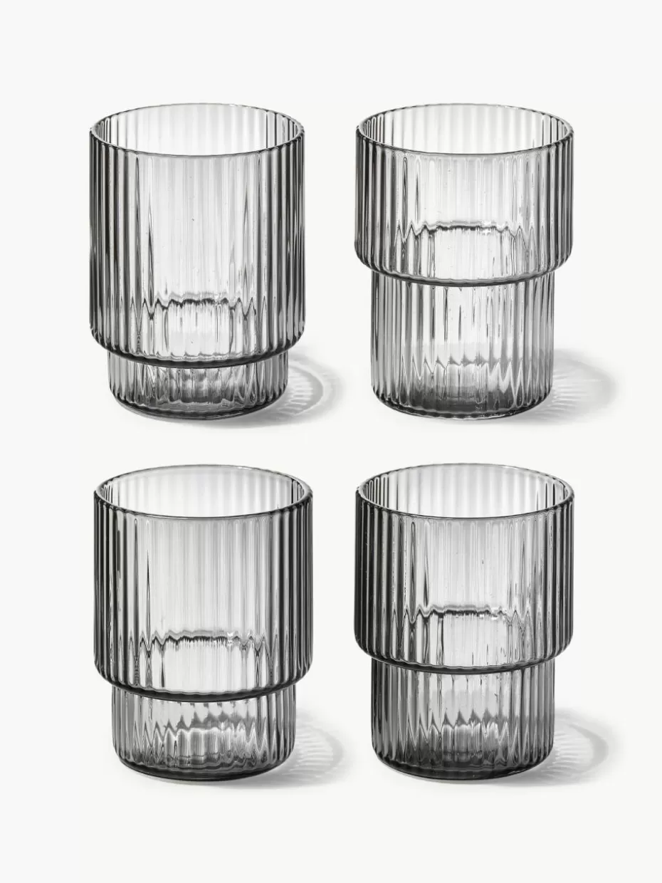 Wassergläser-ferm LIVING Mundgeblasene Wassergläser Ripple mit Rillenrelief, 4er-Set Grau, transparent und glänzend