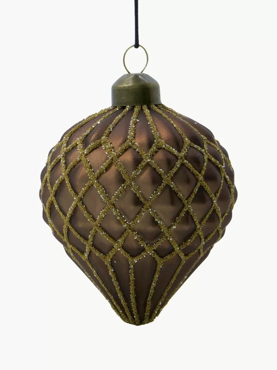 Weihnachtskugeln & Baumanhänger | Festliche Eleganz-House Doctor Mundgeblasene Weihnachtsbaumanhänger Hinda, 4 Stück Dunkelbraun, Goldfarben