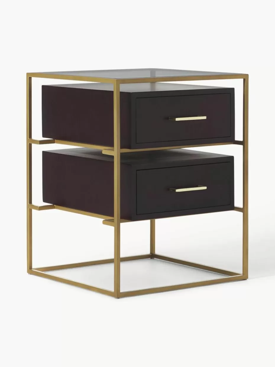 Nachttische-Westwing Collection Nachttisch Lyle aus Mangoholz Dunkles Mangoholz, Goldfarben