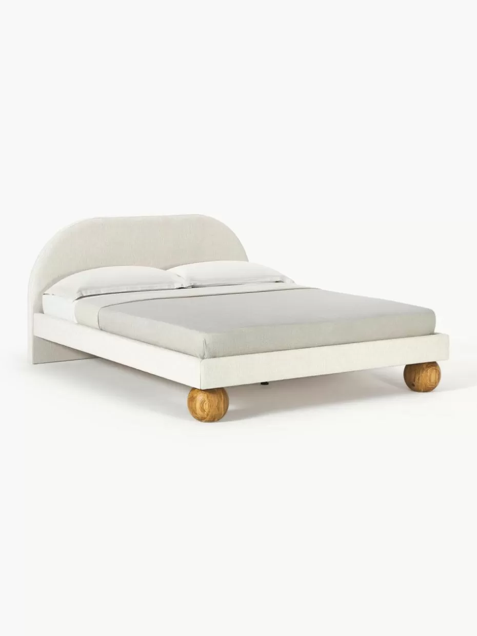 Betten-Westwing Collection Polsterbett Rena mit Kugelfüßen aus Eichenholz Webstoff Off White, Eichenholz