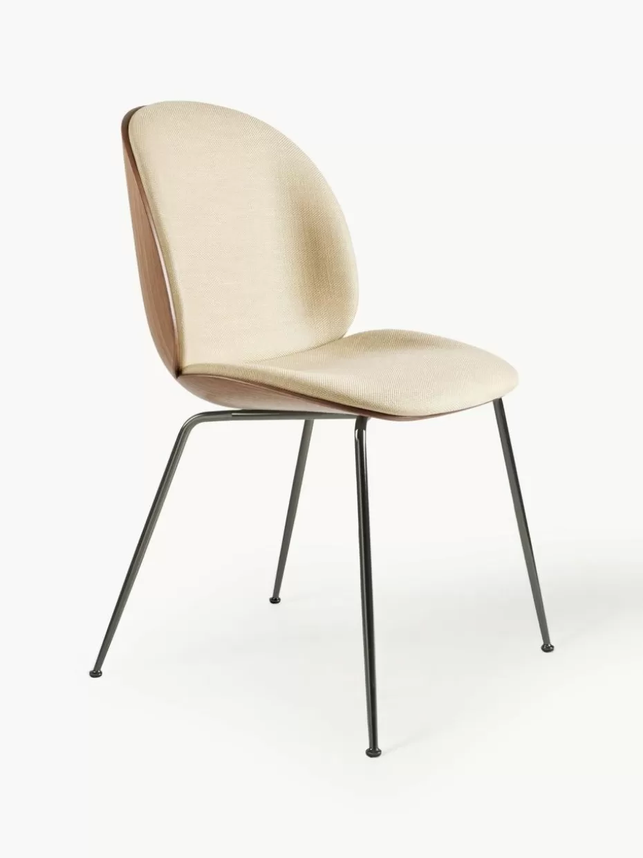 Stühle-GUBI Polsterstuhl Beetle mit Sitzschale Webstoff Hellbeige, Walnussholz, Schwarz glänzend