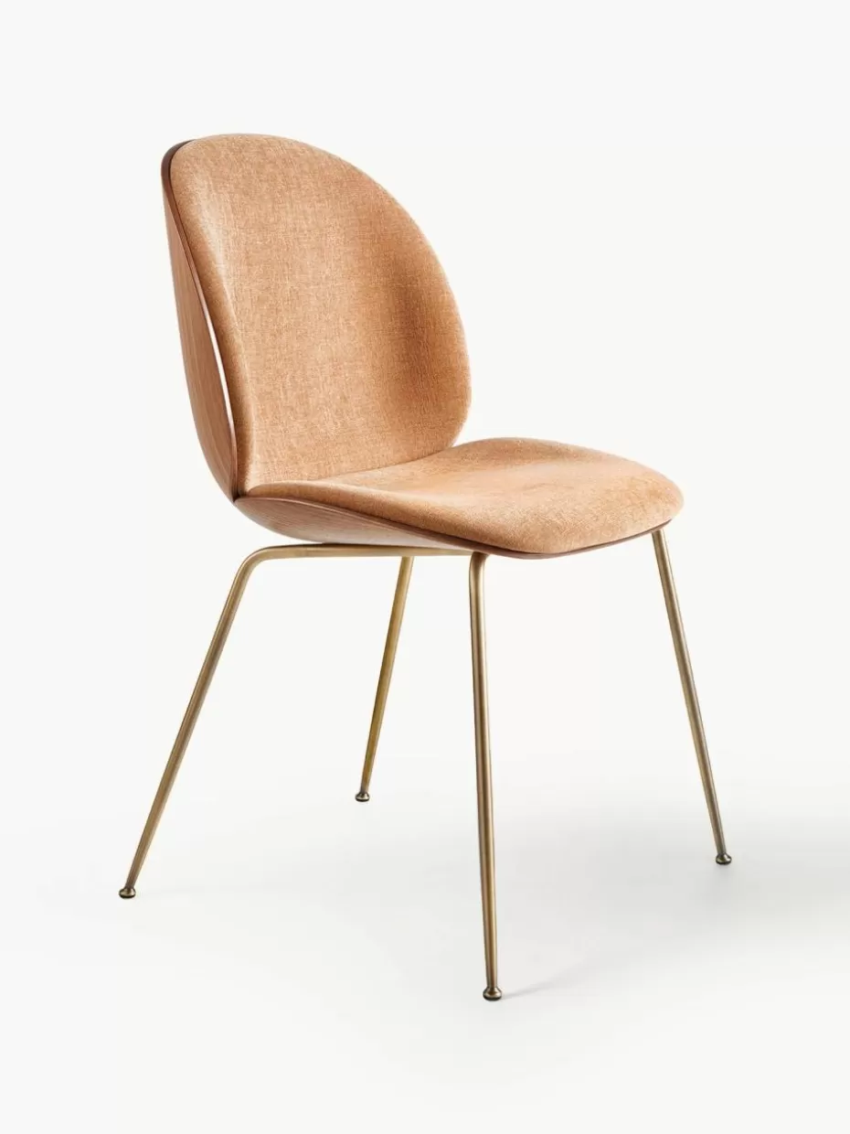 Stühle-GUBI Polsterstuhl Beetle mit Sitzschale Webstoff Peach, Walnussholz, Goldfarben matt