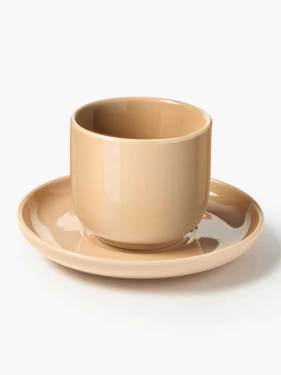 Tassen | Geschirrserien-Westwing Collection Porzellan-Espressobecher Nessa mit Untertassen, 4 Stück Peach, glänzend