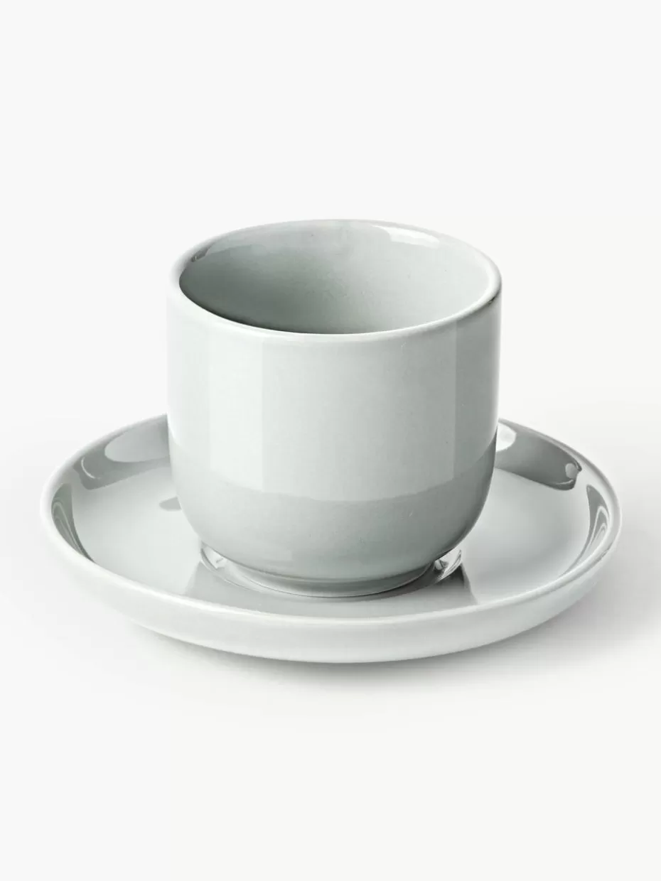 Tassen | Geschirrserien-Westwing Collection Porzellan-Espressobecher Nessa mit Untertassen, 4 Stück Hellgrau, glänzend