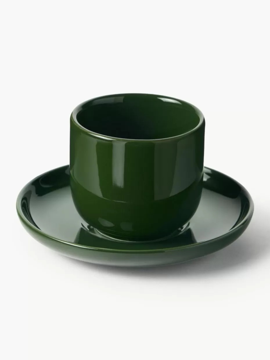 Weihnachtsgeschirr | Festliche Eleganz-Westwing Collection Porzellan-Espressobecher Nessa mit Untertassen, 4 Stück Dunkelgrün, glänzend