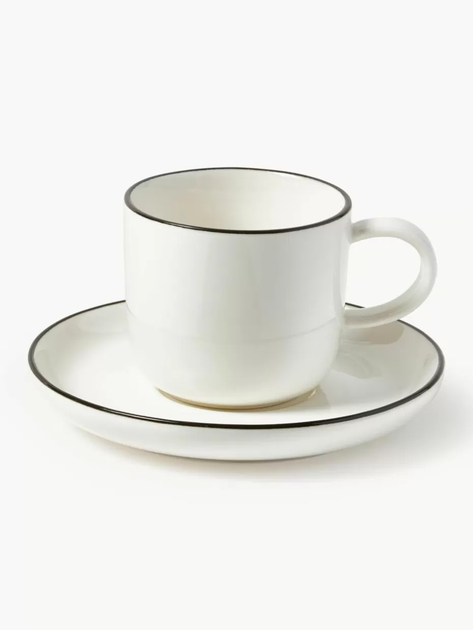 Tassen | Geschirrserien-Westwing Collection Porzellan-Espressotassen Facile mit Untertassen, 2 Stück Off White mit schwarzem Rand