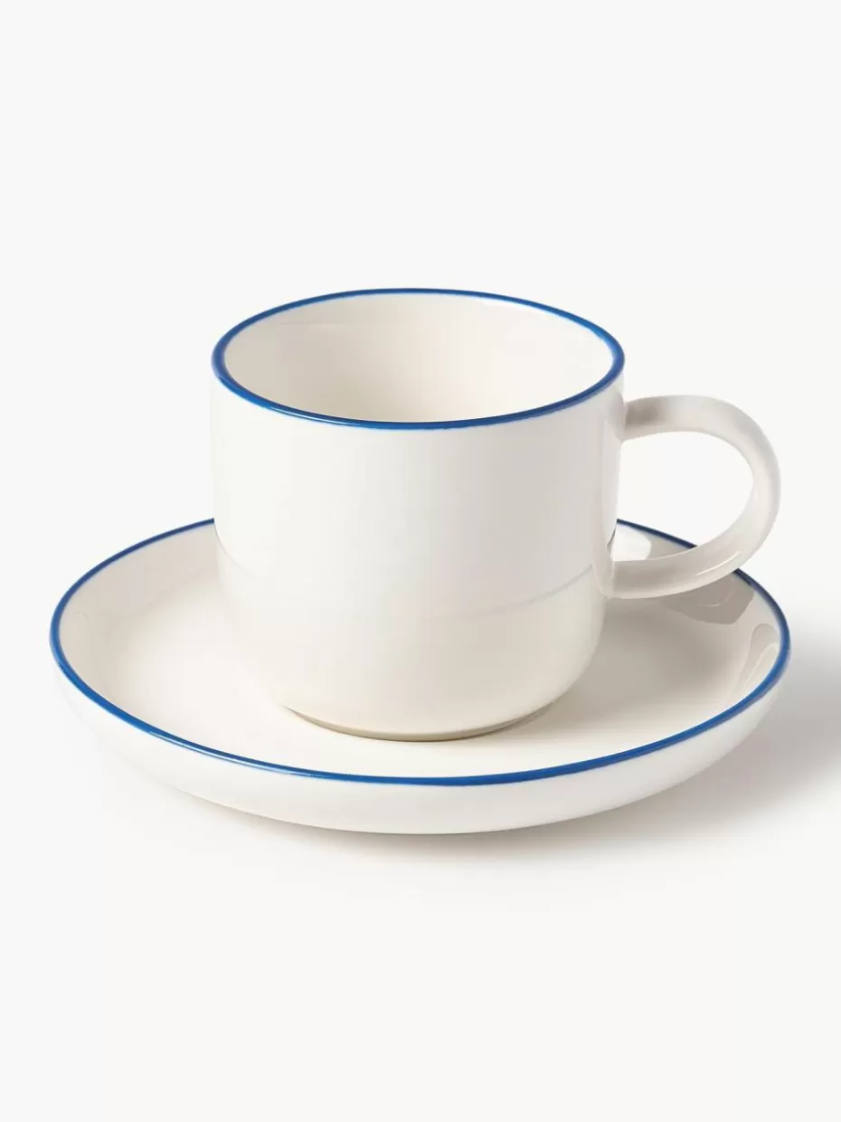 Tassen | Geschirrserien-Westwing Collection Porzellan-Espressotassen Facile mit Untertassen, 2 Stück Off White mit dunkelblauem Rand