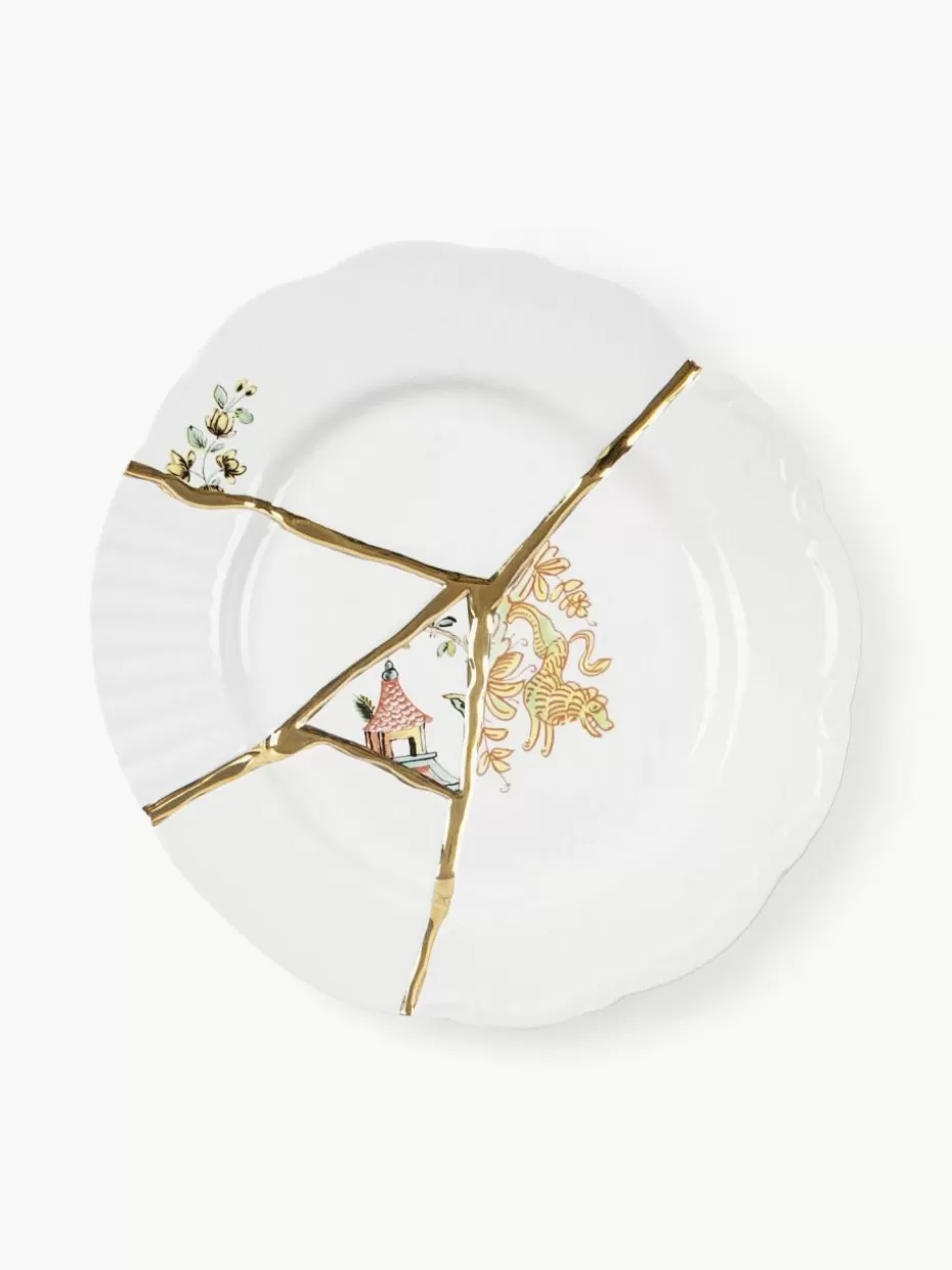 Teller-Seletti Porzellan-Frühstücksteller Kintsugi Weiß, Goldfarben