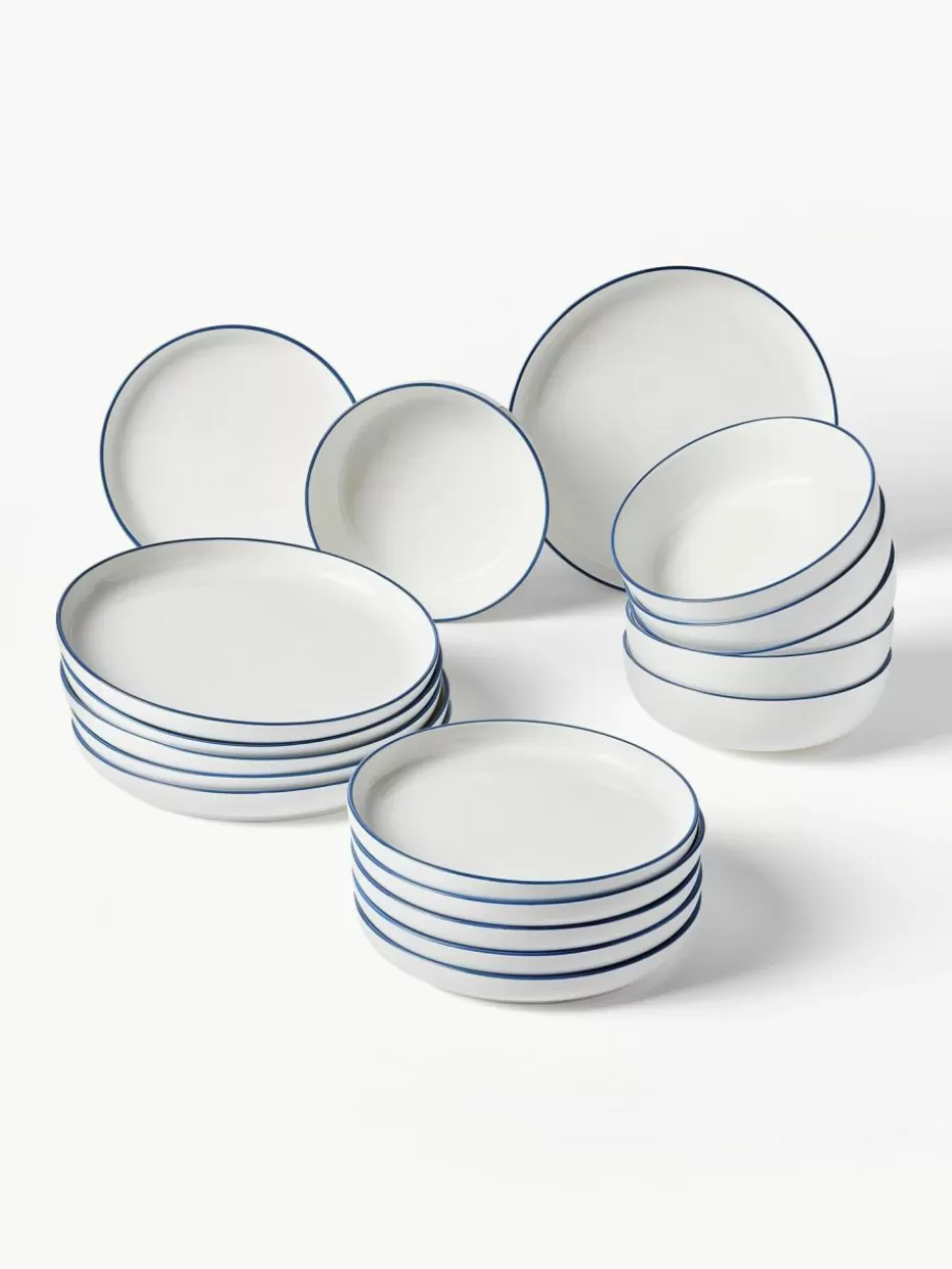 Geschirr-Sets | Geschirrserien-Westwing Collection Porzellan-Geschirr-Set Facile, 6 Personen (18-tlg.) Off White mit dunkelblauem Rand