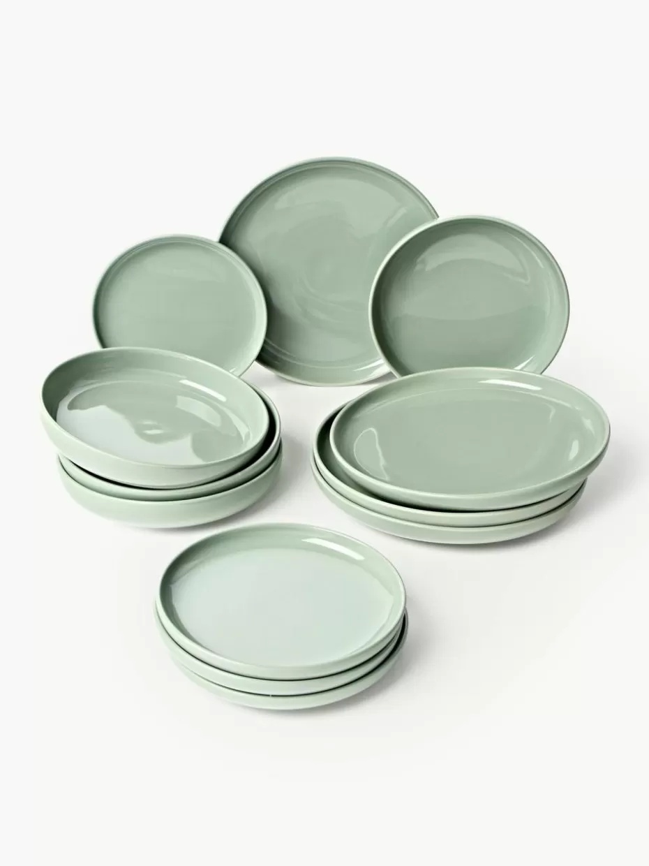 Geschirr-Sets | Geschirrserien-Westwing Collection Porzellan-Geschirr-Set Nessa, 4 Personen (12-tlg.) Salbeigrün, glänzend