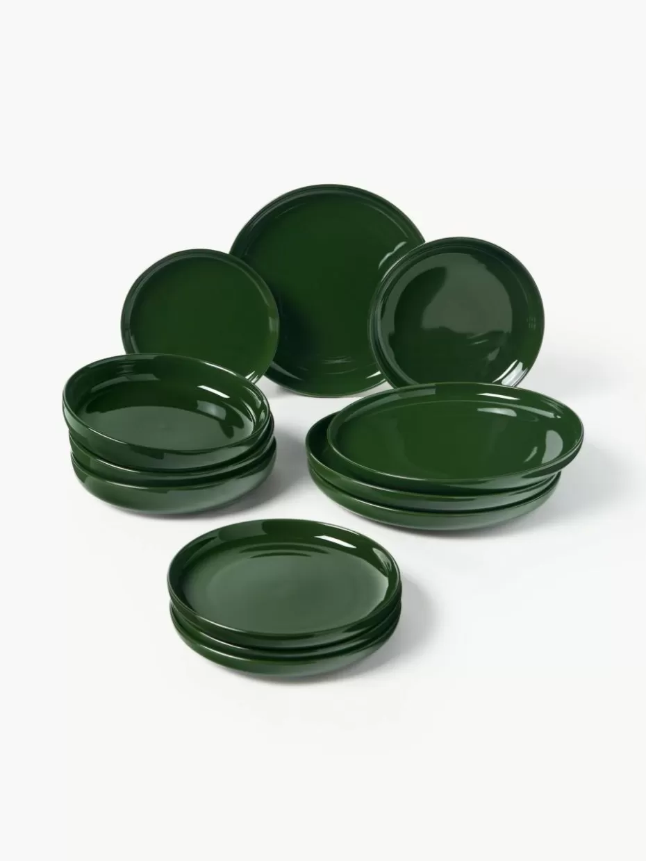 Weihnachtsgeschirr | Festliche Eleganz-Westwing Collection Porzellan-Geschirr-Set Nessa, 4 Personen (12-tlg.) Dunkelgrün, glänzend