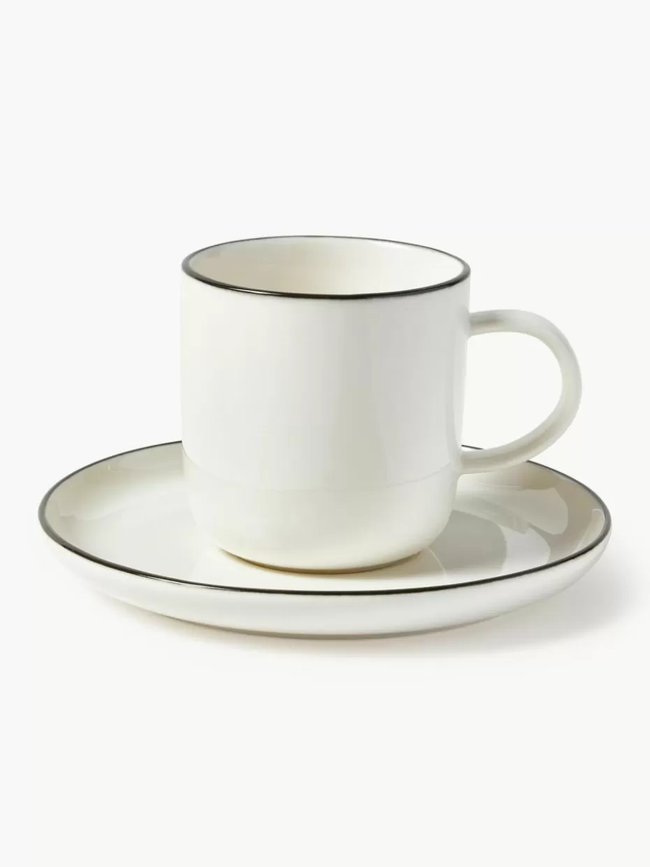 Tassen | Geschirrserien-Westwing Collection Porzellan-Kaffeetassen Facile mit Untertassen, 2 Stück Off White mit schwarzem Rand