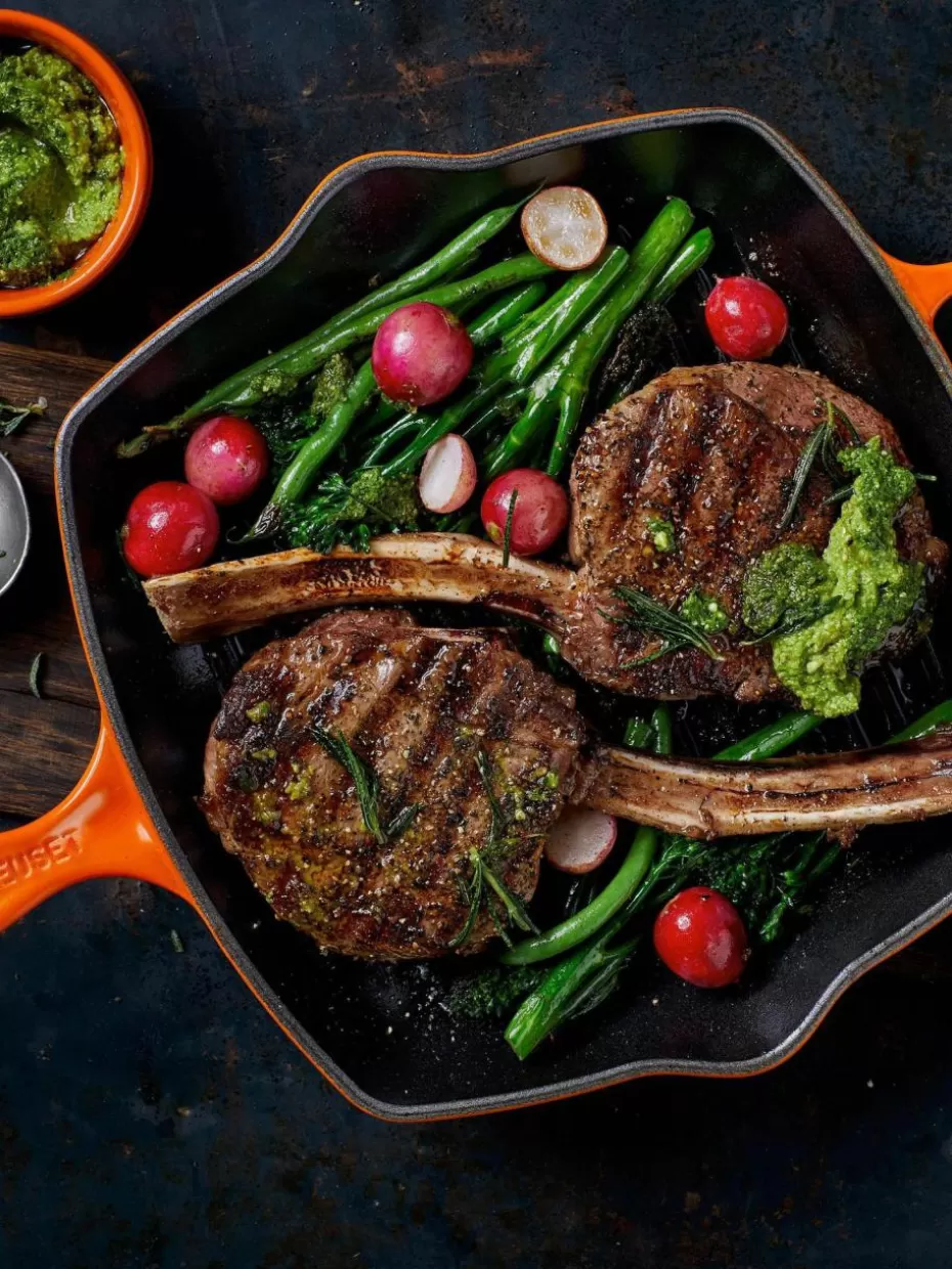 Pfannen-Le Creuset Quadratische Grillpfanne Signature Collection aus Gusseisen mit Rillenstruktur Orangetöne
