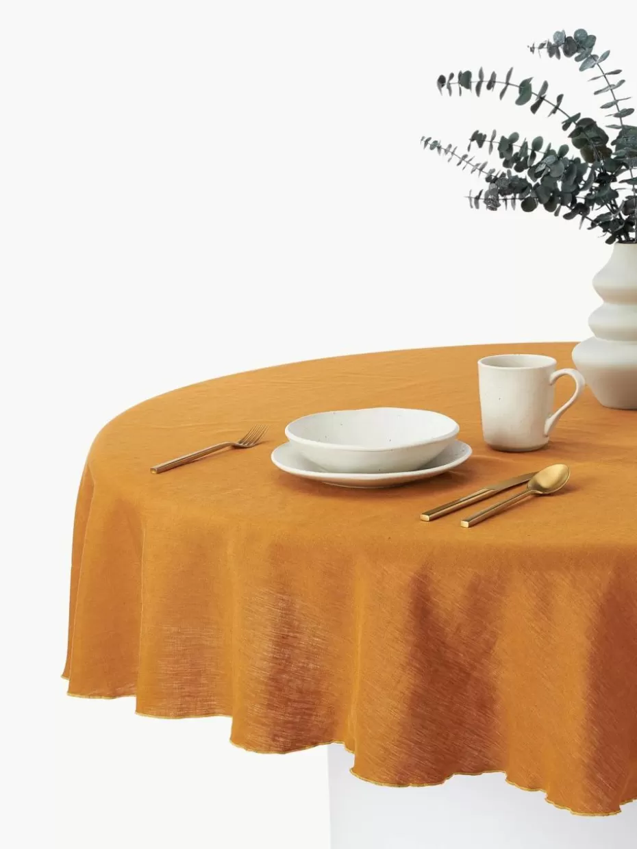 Tischdecken | Tischdecken-Westwing Collection Runde Leinen-Tischdecke Kennedy mit Umkettelung Orange, Hellgelb