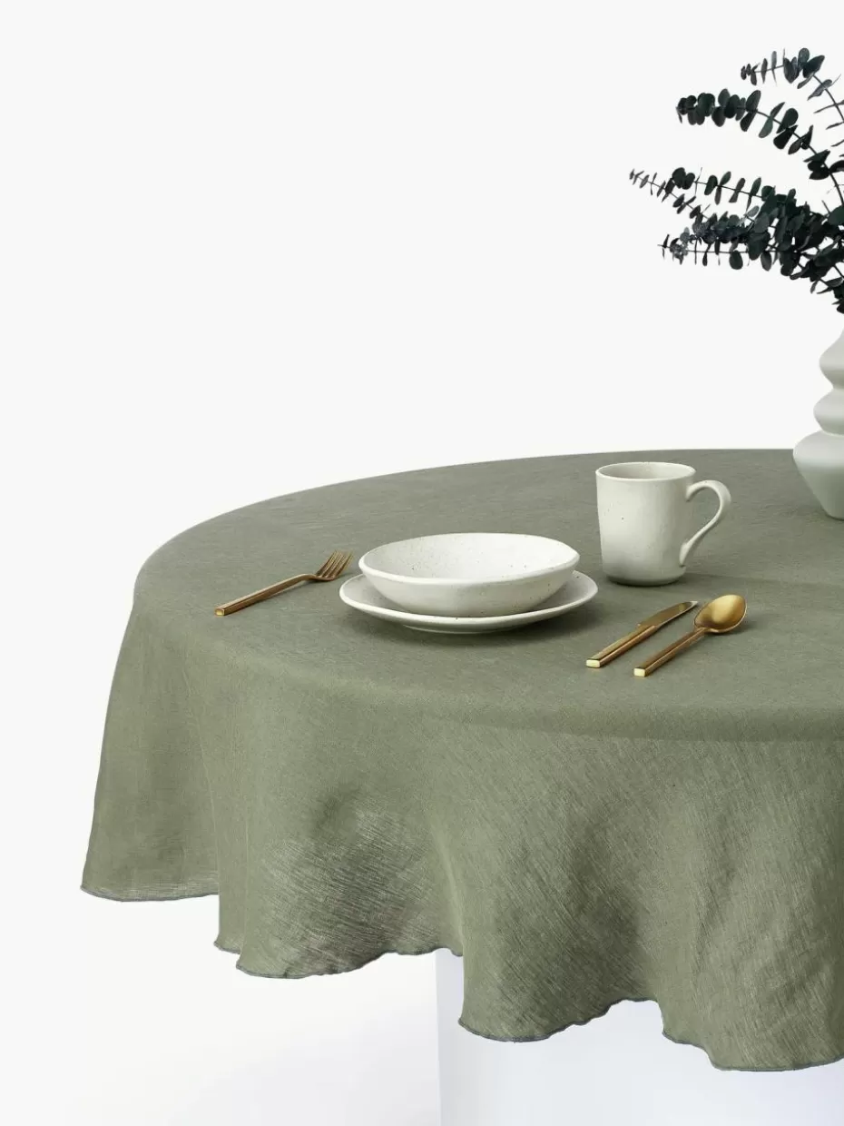 Weihnachtstischwäsche | Tischdecken-Westwing Collection Runde Leinen-Tischdecke Kennedy mit Umkettelung Olivgrün, Salbeigrün