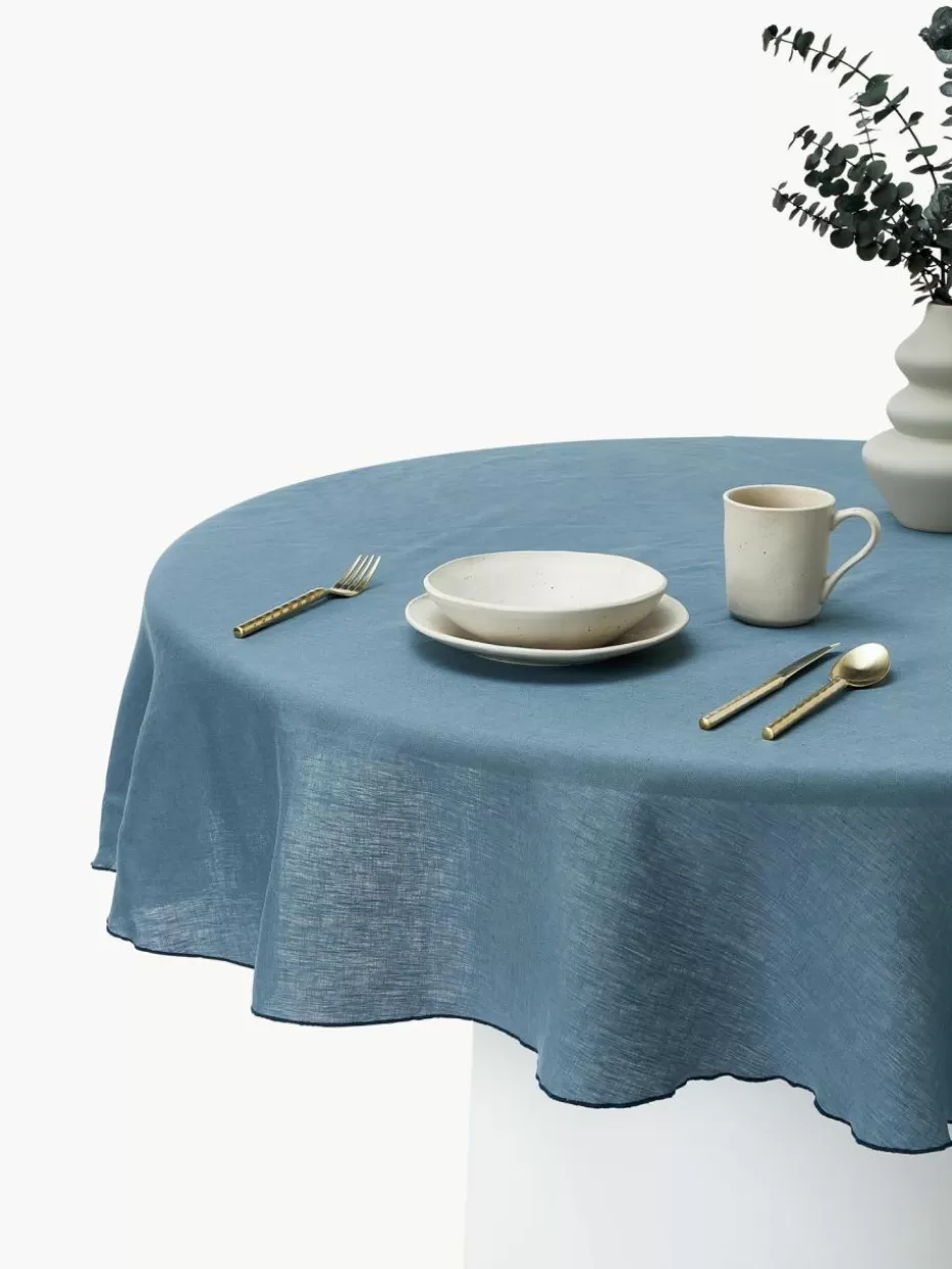 Tischdecken | Tischdecken-Westwing Collection Runde Leinen-Tischdecke Kennedy mit Umkettelung Graublau, Dunkelblau